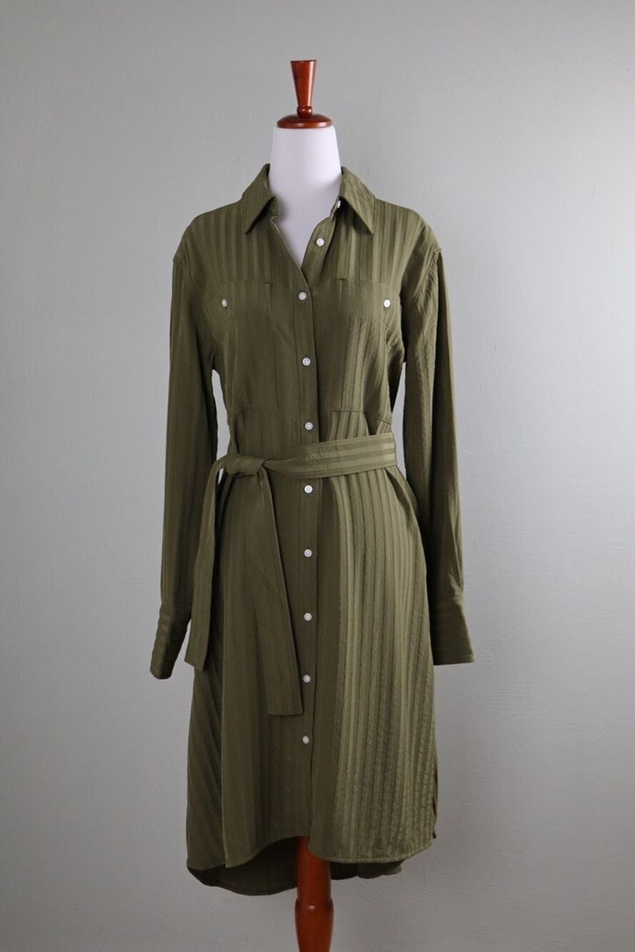 EVERLANE NWT Textured Striped Bow Belted Midi Shirt Dress in Green Size XS